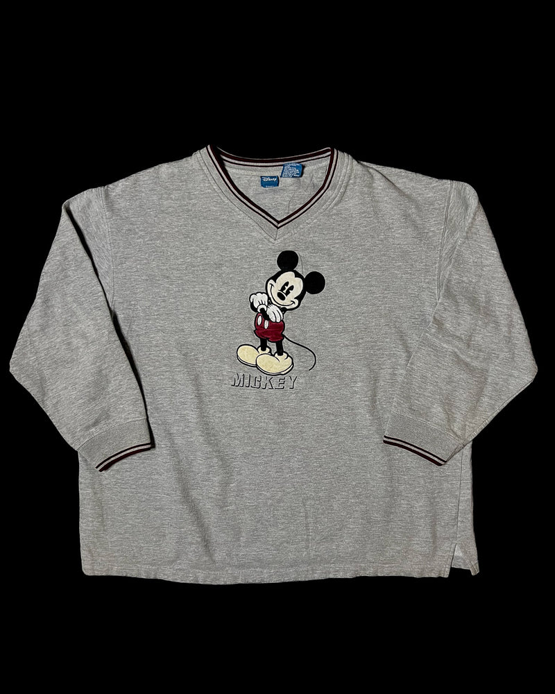 (XL) Vintage Mickey Mouse Arms Crossed Embroidered Ringer V-Neck Sweater