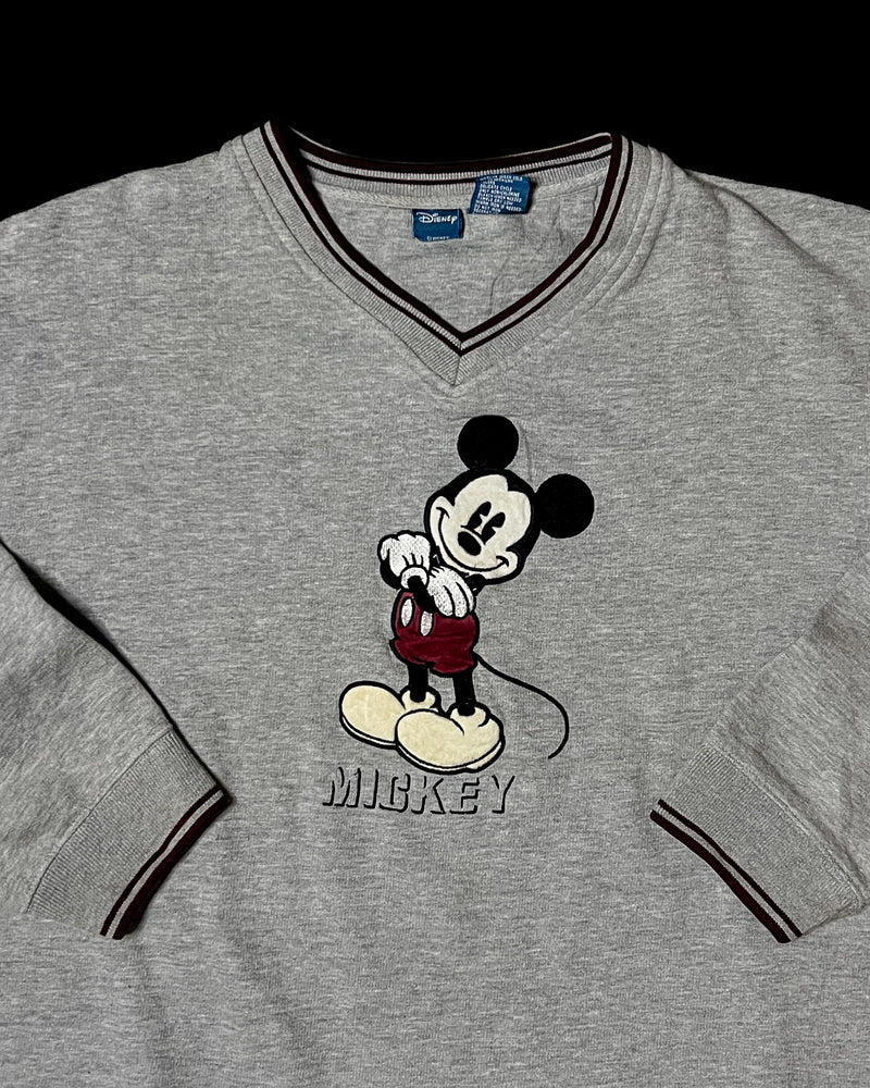 (XL) Vintage Mickey Mouse Arms Crossed Embroidered Ringer V-Neck Sweater