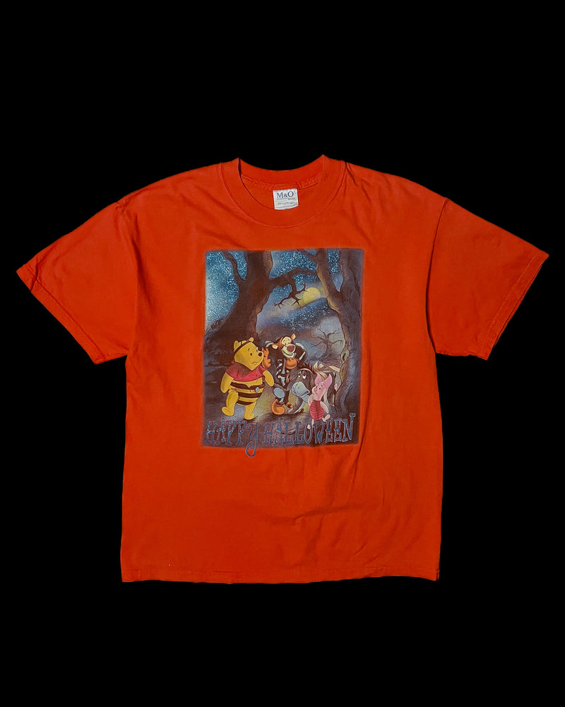 (L) Vintage Pooh, Tigger, Eeyore and Piglet "Happy Halloween" Orange Crewneck T-Shirt