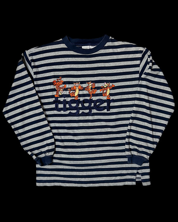 (M) Vintage Tigger Full Of Joy Embroidered Striped Long Sleeve Shirt