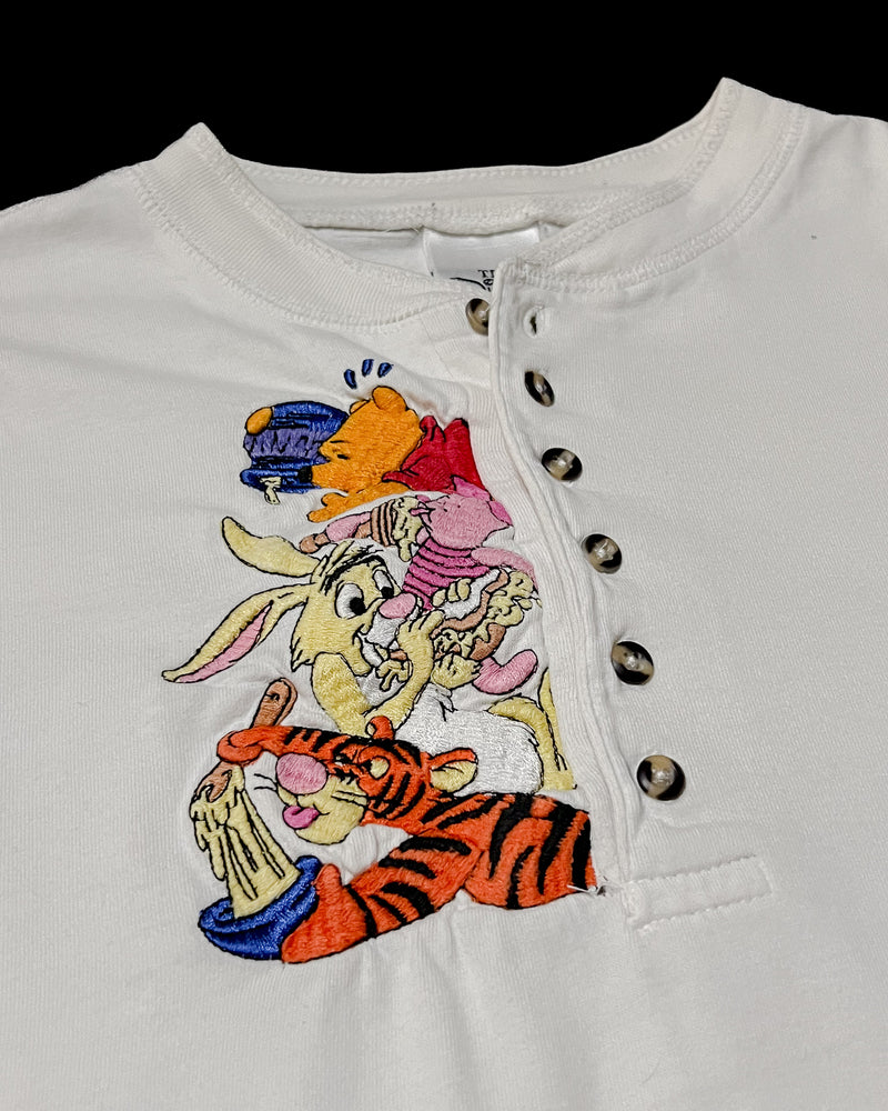 (2XL) Vintage Pooh, Piglet, Rabbit and Tigger Eating Hunny Embroidered Long Sleeve Henley Shirt