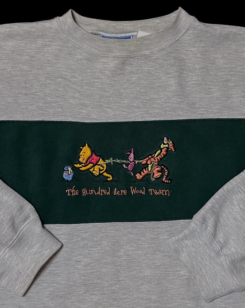 (Women's 1X) Vintage Pooh, Piglet and Tigger "The Hundred Acre Wood Team" Embroidered Crewneck Sweater